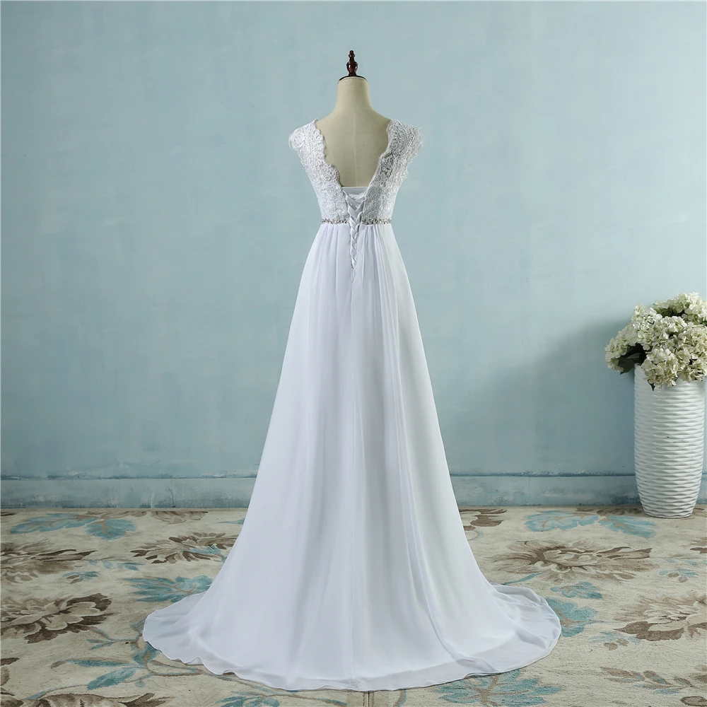 ZJ9058 пляжные шифоновые Свадебные платья 2019 2020 в стиле ампир с бисером больших