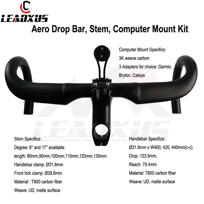 LEADXUS ZHB05 карбоновая, для шоссейного прогулочного велосипеда руль для велосипеда дорожный карбоновый руль+ 6/17 градусов карбоновый стержень+ для Garmin/Bryton/Cateye Mount