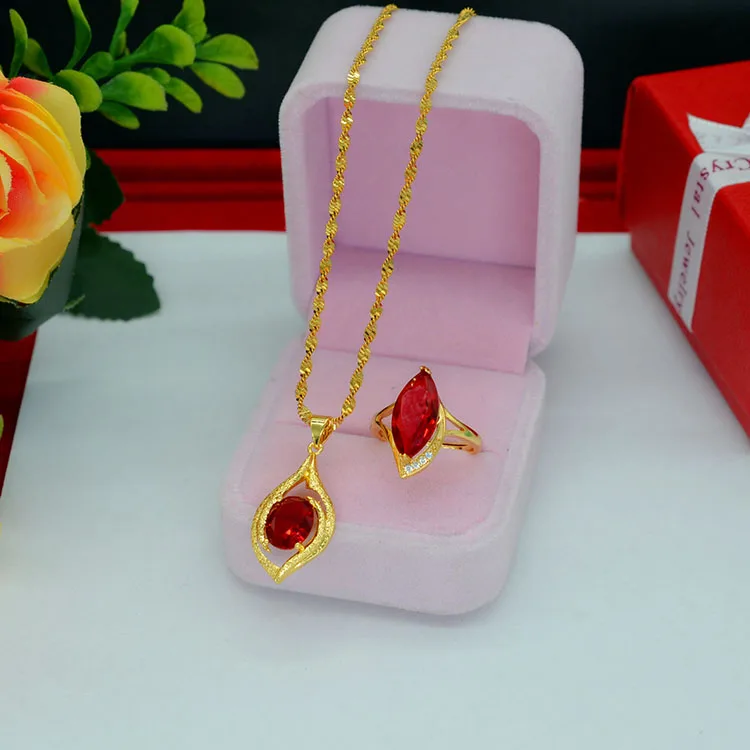 Teardrop Shape Necklace Rings Set for Women Yellow Gold Filled Red Crystal Zircon Pendant Choker + Opening Ring | Украшения и