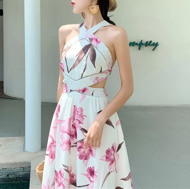 Женское розовое платье макси с цветочным принтом летнее вырезом на шее и