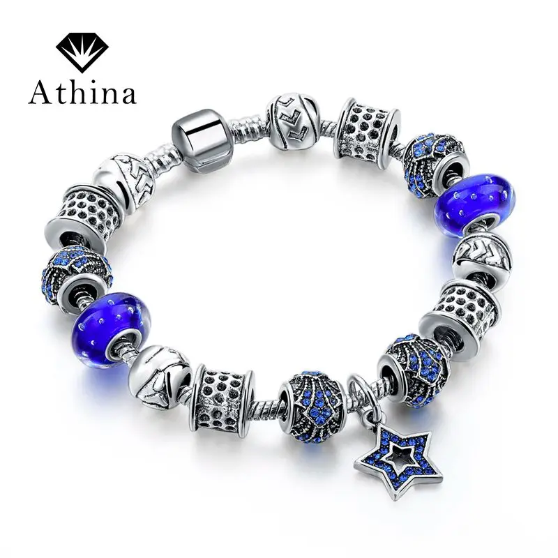 

Athina New fashion Bohimia Blue Crystal Star Charm Bracelets&Bangles Silver Bracelet For Women DIY Jewellery Pulseras Mujer