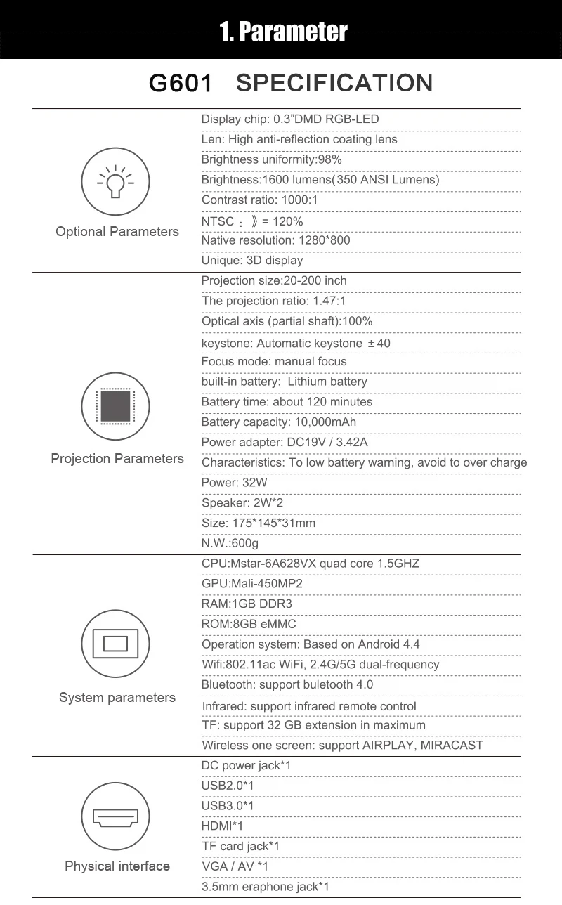 Gigxon G601 Android Проектор Комплект 10000 мАч батарея Поддержка Airplay/Miracast светодиодный ТВ Bluetooth/wifi 3D кинопроектор