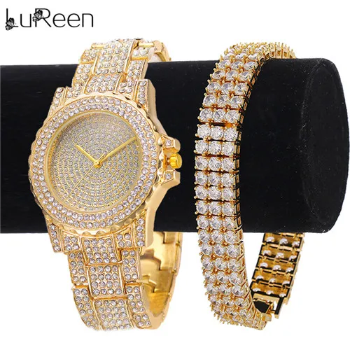 gold set Lureen роскошные золотые кварцевые часы для мужчин 3 ряда Теннисный Браслет CZ часы Браслет Ювелирный Набор Подарок W0011 - Окраска металла: gold set