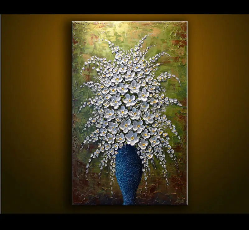 Ручная роспись холст художественная живопись палитра нож синяя ваза белые цветы