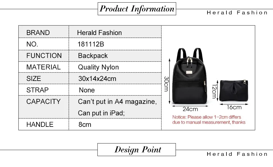 Herald Fashion 2 шт./компл. Для женщин рюкзак для девочек одноцветное качество нейлоновые, сумки на плечо, мини-рюкзак женская композитная сумка Mochila Feminina