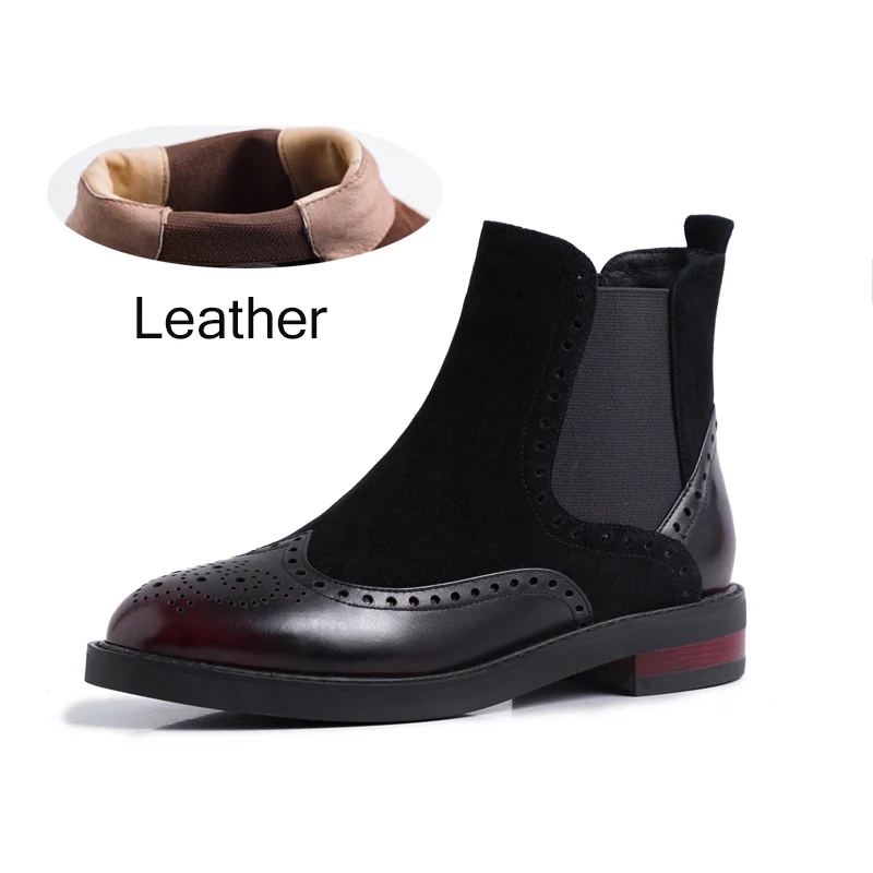 Women Winter cheleas Boots Genuine leather Ankle slipon flat boot woman Short black Boots for women boots - Цвет: black red leather