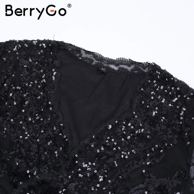 Элегантное Вечернее Платье BerryGo с v-образным вырезом, длинным рукавом и блестками, женское сексуальное Сетчатое платье миди, рождественское платье, vestido de festa