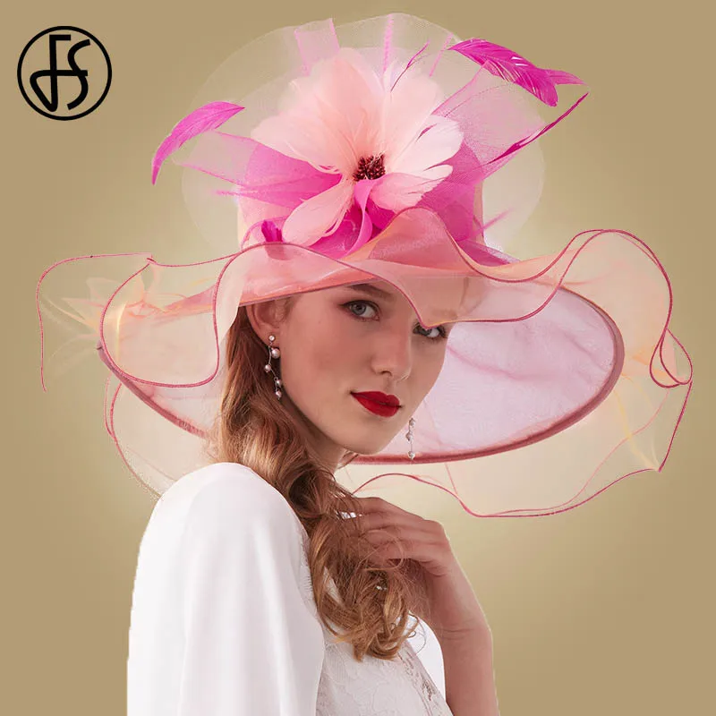 

FS Organza Sun Hat For Women Elegant Kentucky Derby Wide Brim Floral Big Fedora Hat Wedding Church Party Hats Ladies Summer Hats