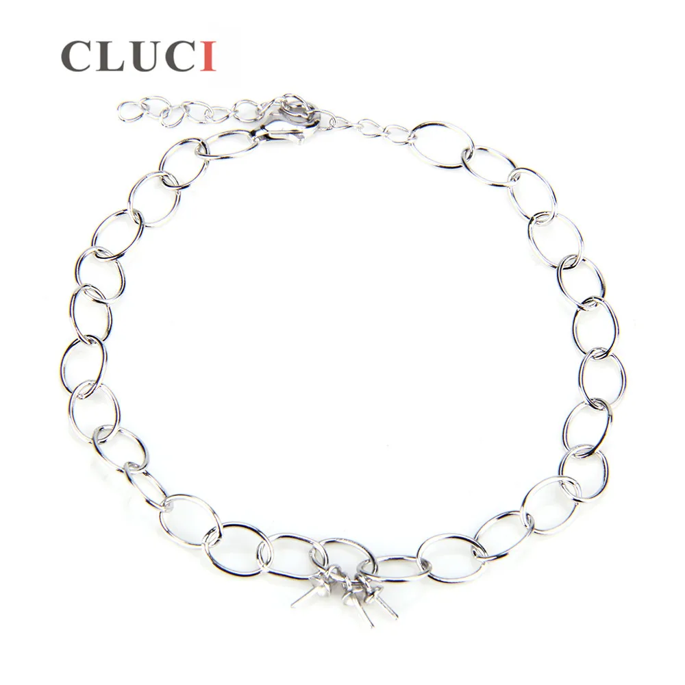 

CLUCI Silver 925 Simple Lobster Clasp Bracelet for Women Pearl Charms Bracelet Mounting Jewelry SB035SB