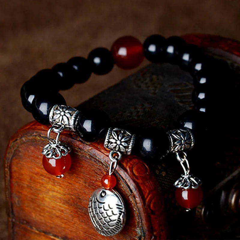 Этнические браслеты для женщин черный натуральный камень цепочка из бисера рыба