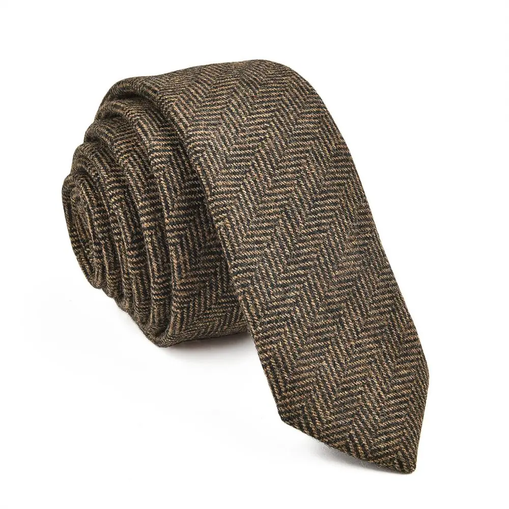 VOBOOM Khaki Classic Herringbone Wool Neck Ties For Men Autumn Winter Party Wedding Business Office Skinny Tie Groomsmen Gift 06