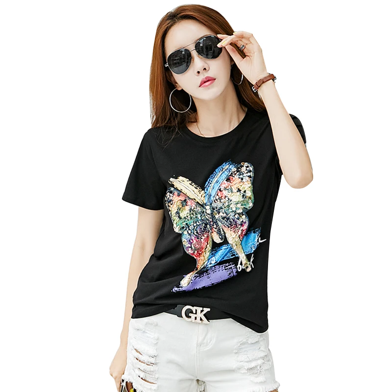 Женская свободная футболка с пайетками винтажная хлопковая короткими рукавами