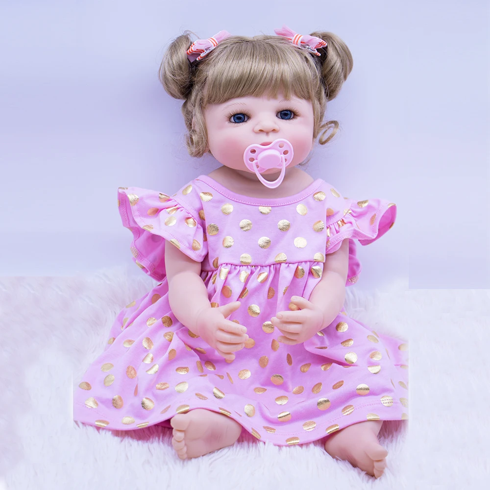 

Full Silicone Reborn Baby Dolls 55cm Exquisite Girl Bebes Reborns Doll with Pink dot princess dress & Toy for children gift