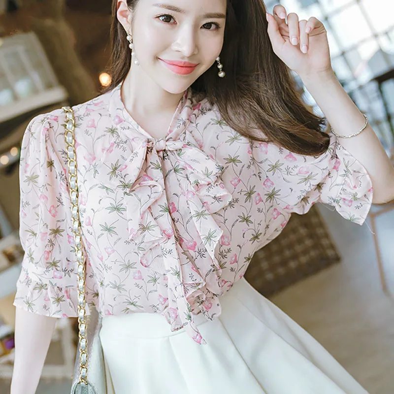 

Fashion women blouse and tops 2019 ladies tops shirts blouse shirts chiffon tops Ruffles Print Stand Butterfly Sleeve