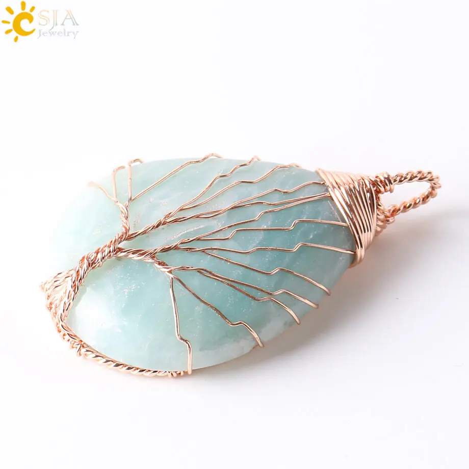 Csja Для мужчин Для женщин ювелирное изделие, розовое золото, цветной провод Обёрточная бумага натуральный Amazon Stone Цепочки и ожерелья подвеска в виде капли воды Древо жизни и бесплатный подарок E223 - Окраска металла: Amazon Stone