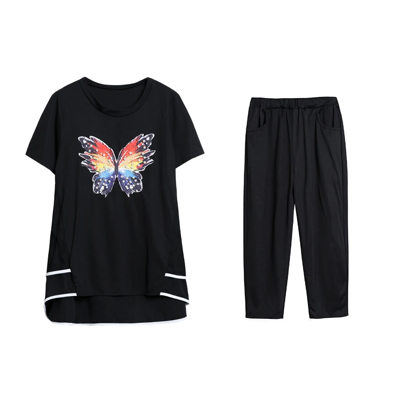 

summer wear new large size ladies belly printing suit women casual outfit plus size clothing capris loose top XL -5XL BLACK