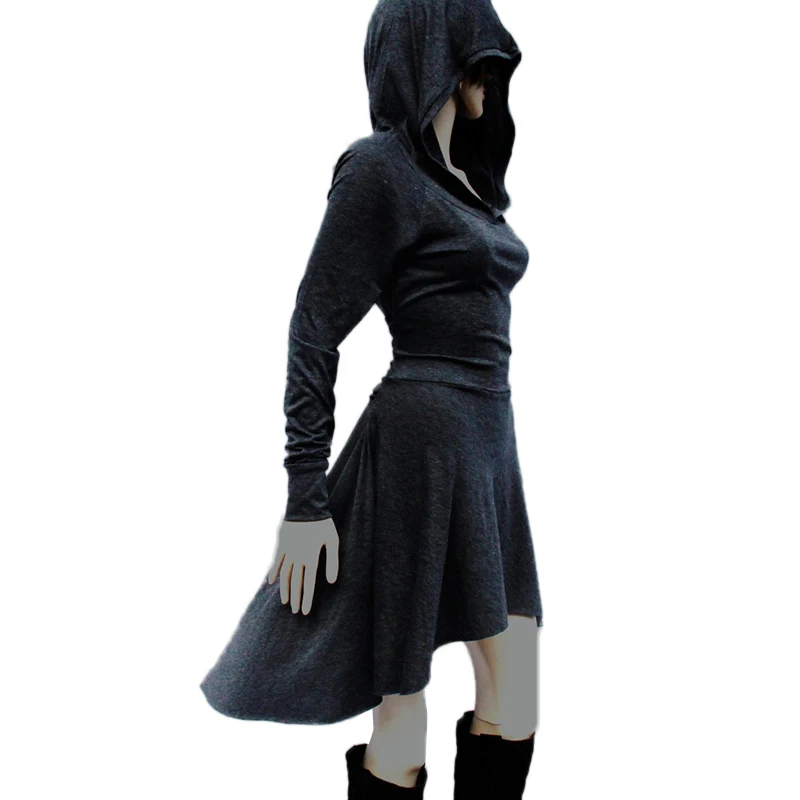 

Irregular High Low Hoodies Dress Bandage Back Lace Up Dresses Grey Gothic Dresses Nice Spring Vestidos Vintage Dress Robe Femme