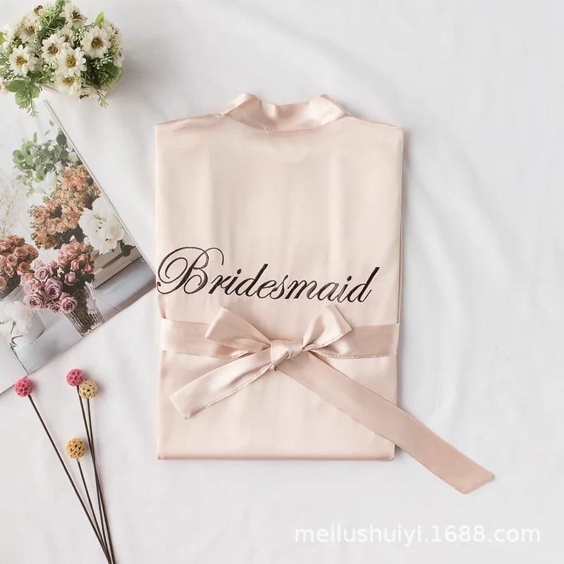 Champagne Bridesmaid Халат для невесты и подружки невесты, Элегантная пижама для невесты, сексуальный женский халат из вискозы, халат, кимоно, Шелковый банный халат для сна, для отдыха - Цвет: Champagne Bridesmaid