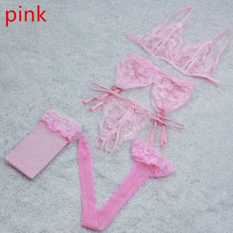 pink Женский бюстгальтер, набор, сексуальное нижнее белье, кружева, открытая промежность, стринги+ бюстгальтер+ сетчатые носки+ слинг, комплект нижнего белья - Цвет: pink