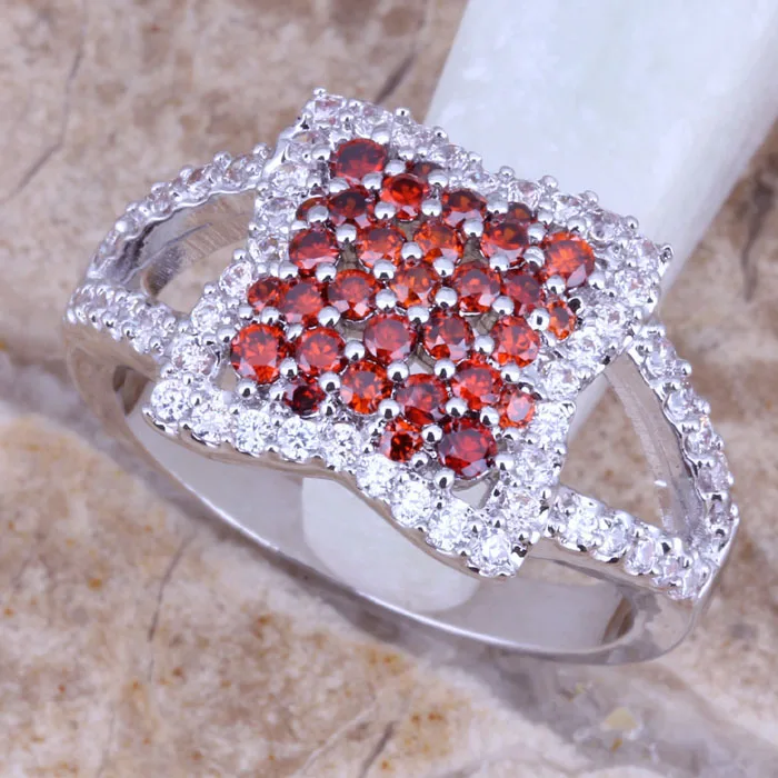 Изысканный красный гранат Белый CZ посеребренный модное кольцо со звездой Размер