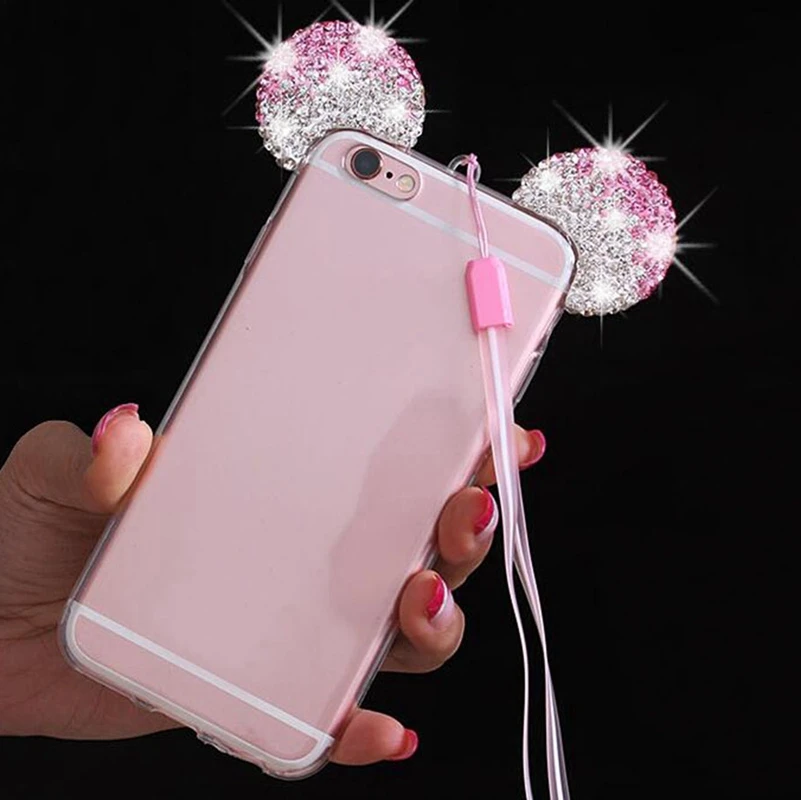 Роскошный чехол для телефона с 3D блестящими кристаллами и ушками iPhone 5 5S 6S Plus XS S8 S7
