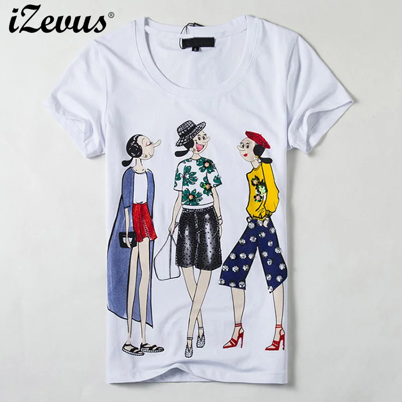 

Женская футболка с коротким рукавом IZEVUS, дизайнерские женские топы, облегающие футболки с принтом из трех мультяшных героев, удобный топ, же...