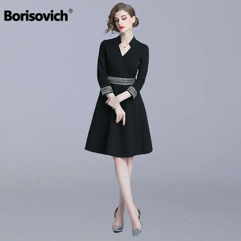 Borisovich офисное женское платье трапециевидной формы, новинка, осеннее платье в стиле Хепберн с v-образным вырезом и вышивкой, элегантное тонкое женское черное Повседневное платье N051