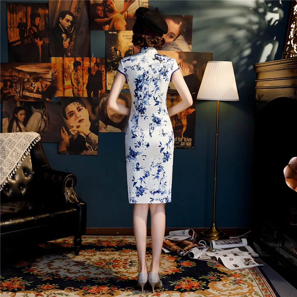 Шанхай история смесь из хлопка короткий рукав цветочный принт Qipao разделение