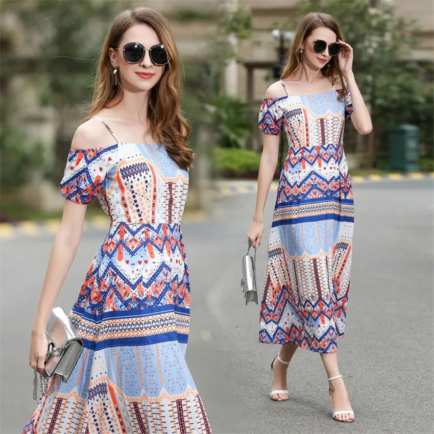 2017 лето женщины beacch dress sexy bohenian slash шеи распечатать мода лодыжки до колена vestidos