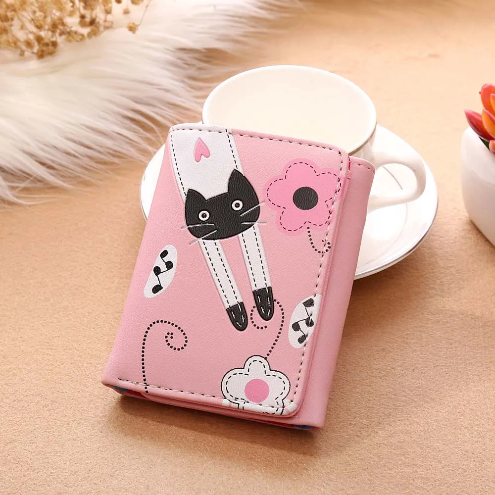 Милый женский кошелек с печатью котика и цветов, кошелек для студентов, деньги, застежка-кнопка, кошелек для монет, короткий владелец карт, девочки, складные кошельки.