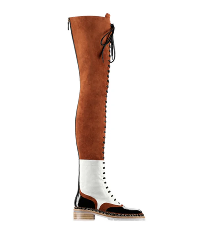 

designer brown suede leather lace-up thigh high boots autumn winter women color block flat over the knee motorcycle boots