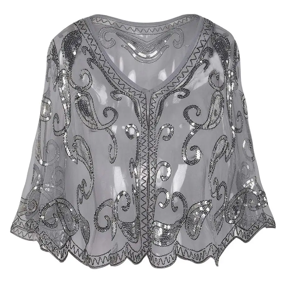 Gray Silver JaneVini Blingbling расшитый блестками женский плащ вышитая бисером Свадебная кофта Болеро шаль черные Серебряные Блестки вечерние свадебные куртки палантин - Цвет: Gray Silver
