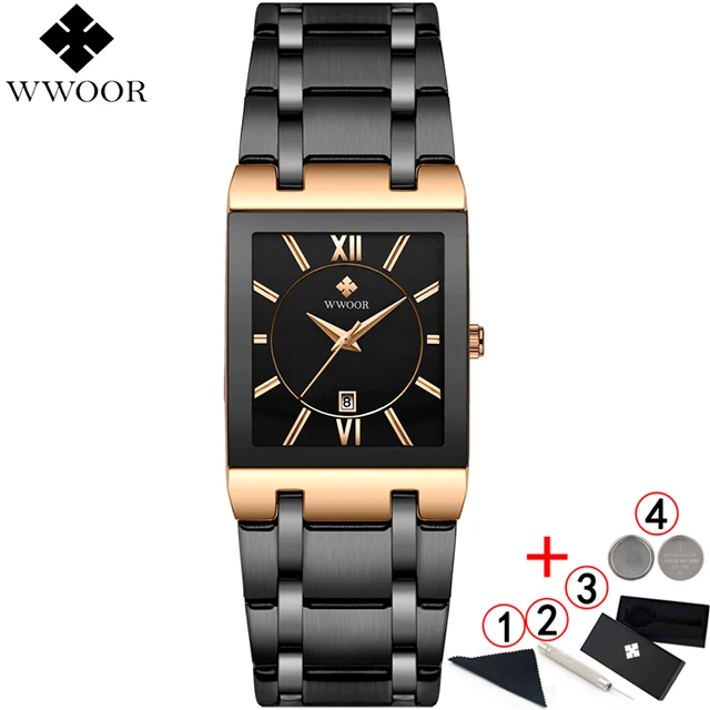 rose black box WWOOR мужские часы Топ бренд класса люкс Золотые Квадратные аналоговые кварцевые часы мужские водонепроницаемые золотые мужские наручные часы - Цвет: rose black box