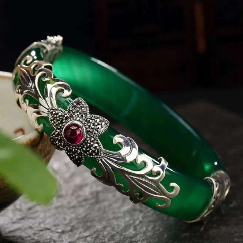 

925 Sterling Silver Bracelet Chalcedony Gemstone Bangle Women Vintage Fine Thai Silver Jewelry Marcasite Flower Bangles