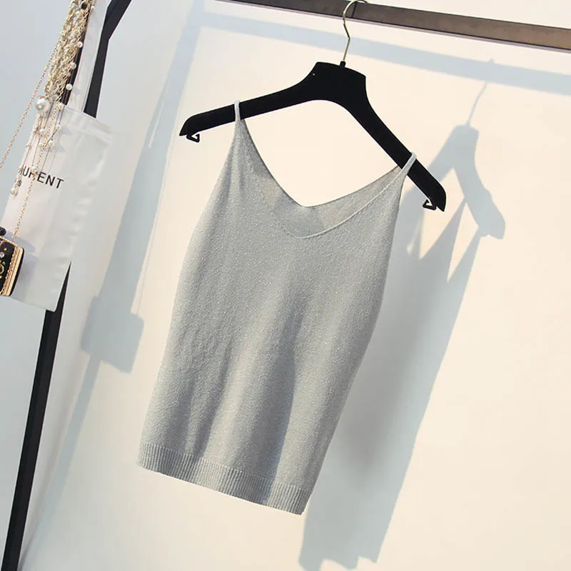 Light gray Сексуальные женские летние трикотажные топы с v-образным вырезом, модные Универсальные женские майки хорошего качества с люрексом, свободные трикотажные майки, топы - Цвет: Light gray
