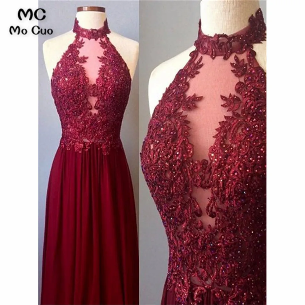 

Sheer Lace Burgundy Evening Dresses prom dresses Long with Beaded vestidos de fiesta Chiffon Backless Women Evening Dress
