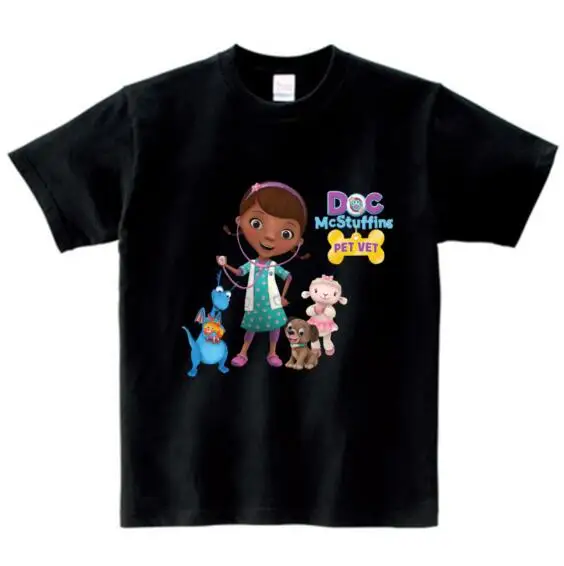 black childreT-shirt Doc mcstuffins/футболка для девочек 2, 3, 4, 5, 6, 8, 10, 12 лет, Детская летняя футболка, хлопковая Детская футболка с короткими рукавами для маленьких девочек, MJ - Цвет: black childreT-shirt