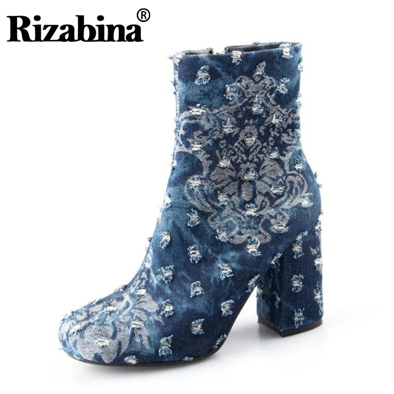 RIZABINA/женские ботинки на высоком каблуке женская обувь молнии джинсовые