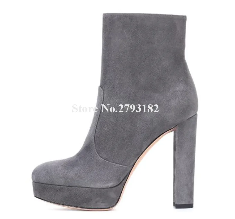 Brand Fashion Round Toe Suede Leather High Platform Chunky Heel Short Boots Side Zipper-up Grey Black Thick Ankle Boot | Обувь