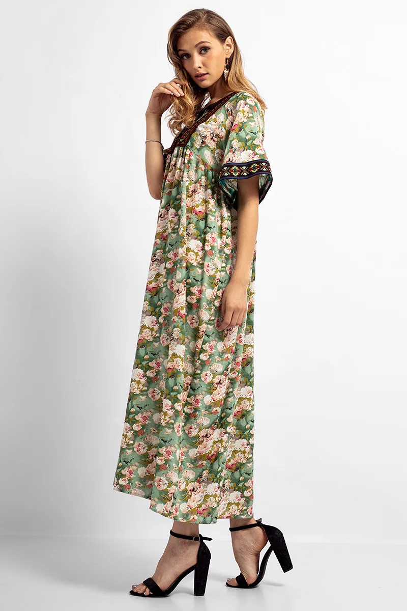 Summer Bohemian Embroidery Maxi Dress Printed Tassel Indian Abaya Short Sleeves Dubai Ankle-Length Long ZD83032 | Женская одежда