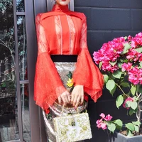 guesod women 2018 spring women set female flare sleeve lace topembroidery sequins slim skirt red blouseslim skirt set