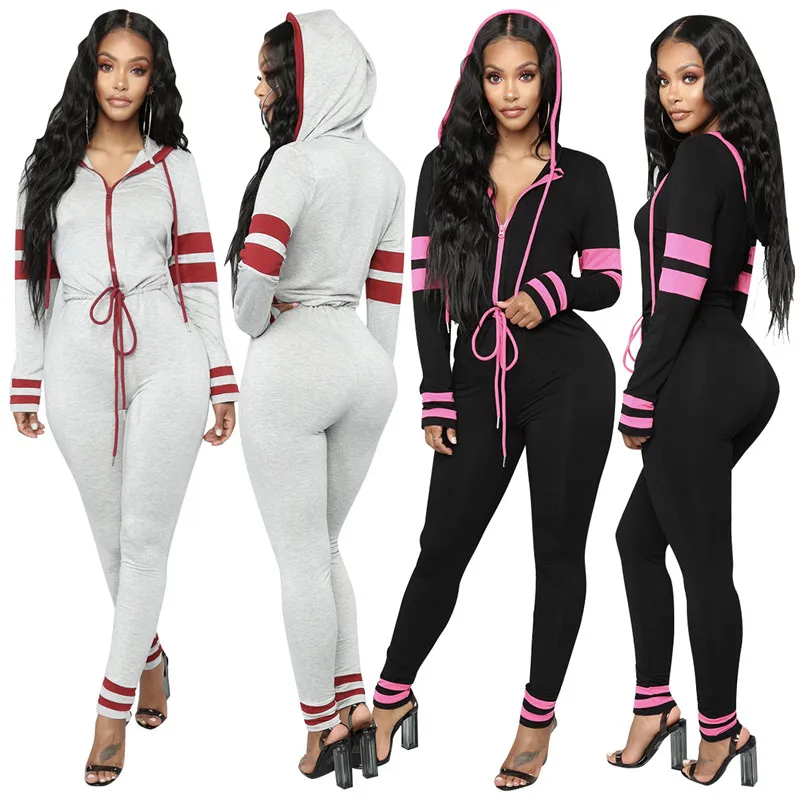 Sexy bodysuit tracksuit rompers womens jumpsuit hooded long sleeve skinny patchwork striped print overalls combinaison femme | Женская
