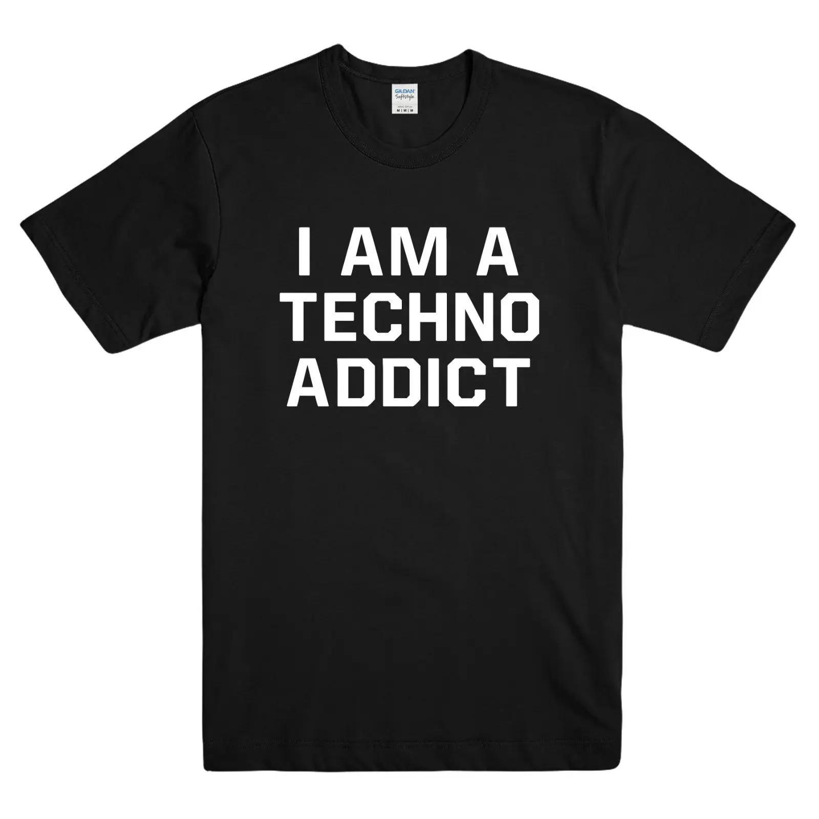 Мужская футболка с надписью I Am A Techno Addict черная унисекс 2019|Мужские футболки| |