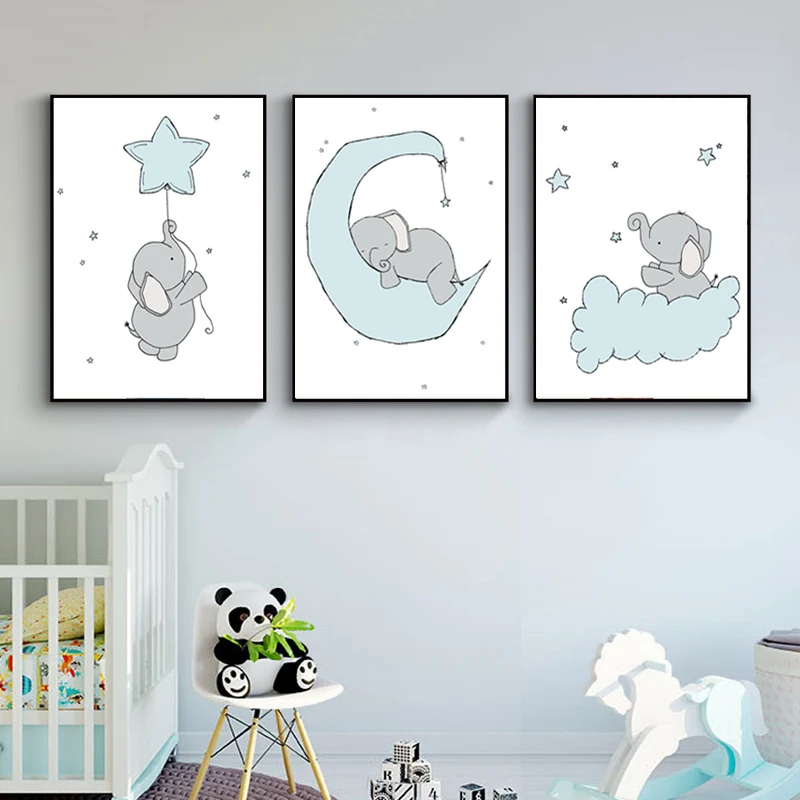 Modern Light Blue Wall Art Elephant Nursery Canvas Painting Funny Animal Posters and Prints Pictures for Living Kids Room Decor | Дом и сад