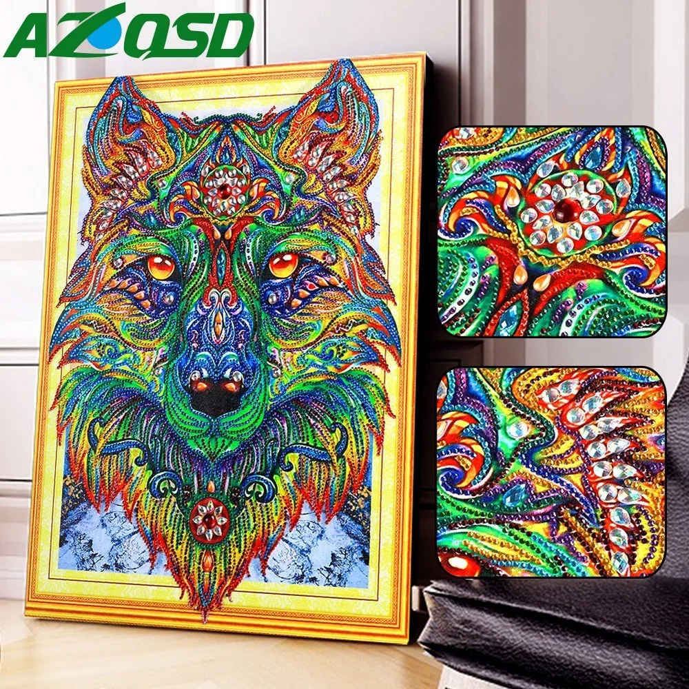 AZQSD-pintura de diamante con forma especial de Lobo, imagen de diamantes de imitación 5D, mosaico de diamantes DIY, decoración del hogar de animales, taladro redondo parcial