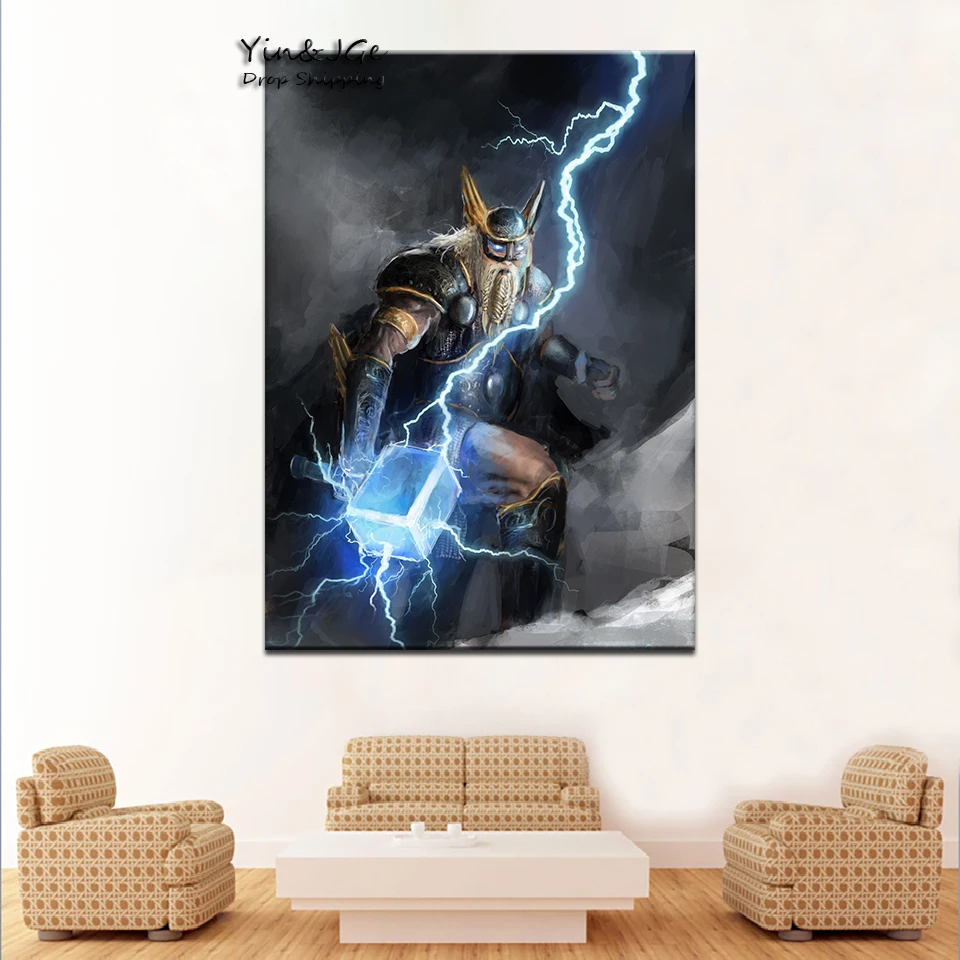 Настенные картины на холсте, рамка, 1 шт., Viking God Of Lightning Thor, шток, картины, абстрактная игра, плакат, домашний декор, гостиная