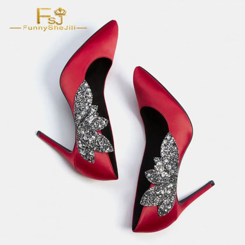 

FSJ Women Shoes Ladies Pumps 2021 Spring Autumn Red Wedding Satin Rhinestone Pointy Toe Stiletto Heel Big Size Shoes11 12 13