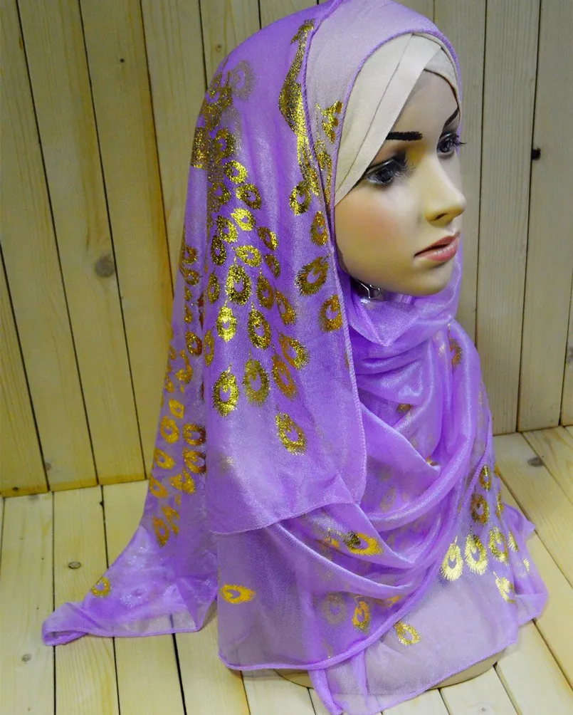 mu1136 Fashion new style muslim Turban gold peacock print net elastic Lady wraps mix color retail sale Islamic Hijabs | Аксессуары для