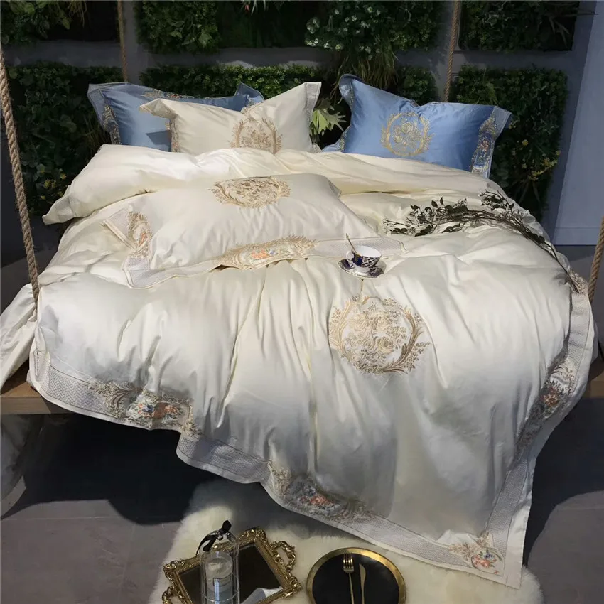 

120S Egyptian cotton Cream White Golden Luxury Royal Bedding sets Queen King Lace Duvet cover Bed sheet set Pillowcase 4/6pcs