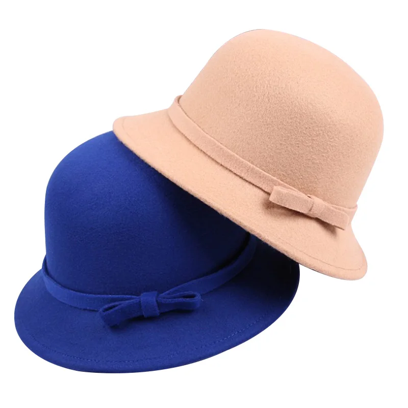 Модная однотонная фетровая шляпа с бантом для девочек сезон осень зима шерстяная